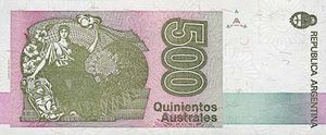 ARGENTINA P 328  LOT 2 PCS  Uncirculated Banknotes 500  AUSTRALES  1990 